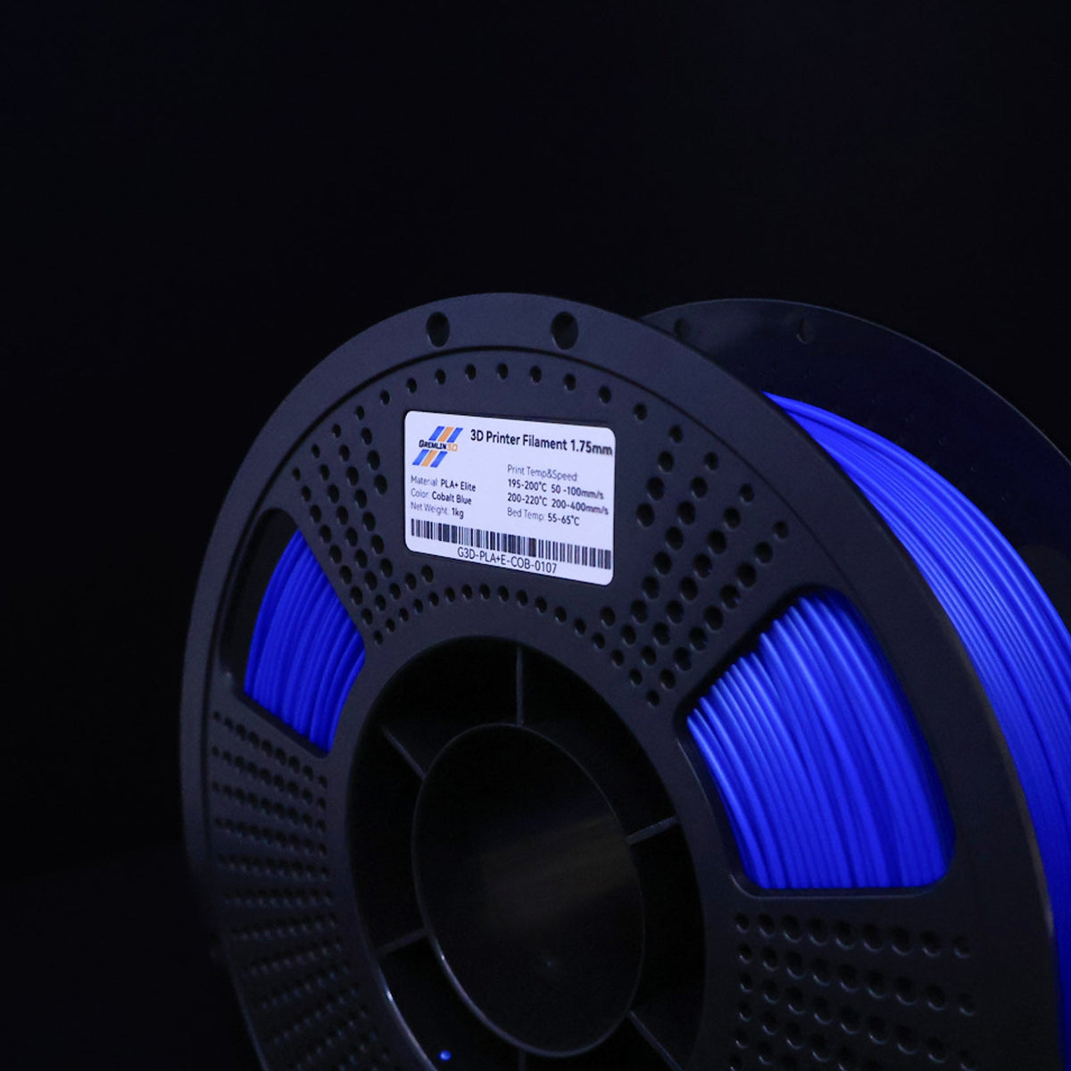 1kg 1.75mm Spool of 3D printing Cobalt Blue PLA Plus filament with a visible brand label on a black background